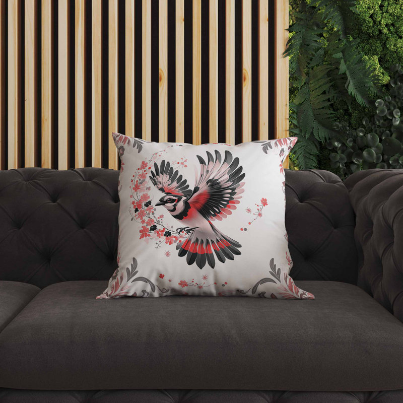 Coussin intérieur / extérieur Blaze Bird, Carré 20 po, Noir / blanc / rose