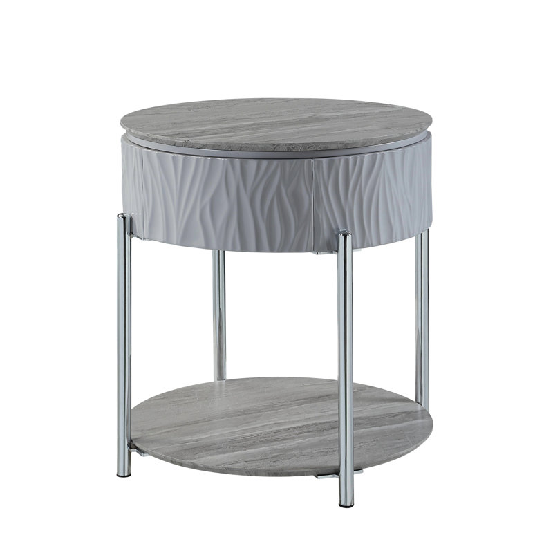 Table de bout grise très brillante avec finition - look moderne, construction, bois composite, plateau de table de 15 mm d'épaisseur, limite de poids de 70 lb, tiroir de rangement pratique