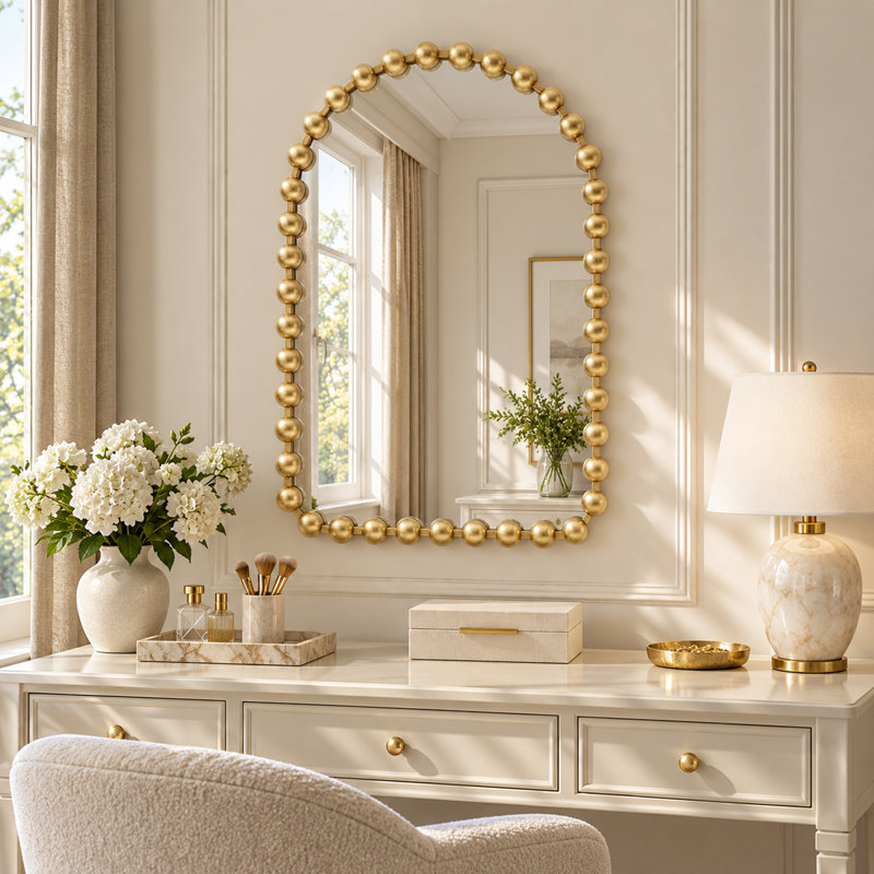 Marlowe 24X36 Arch Beaded Wall Mirror, Gold