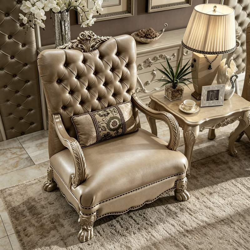 Fauteuil d'appoint vintage orné en bois massif sculpté, fauteuil ancien champagne à dossier haut avec capitonnage à boutons et garniture cloutée