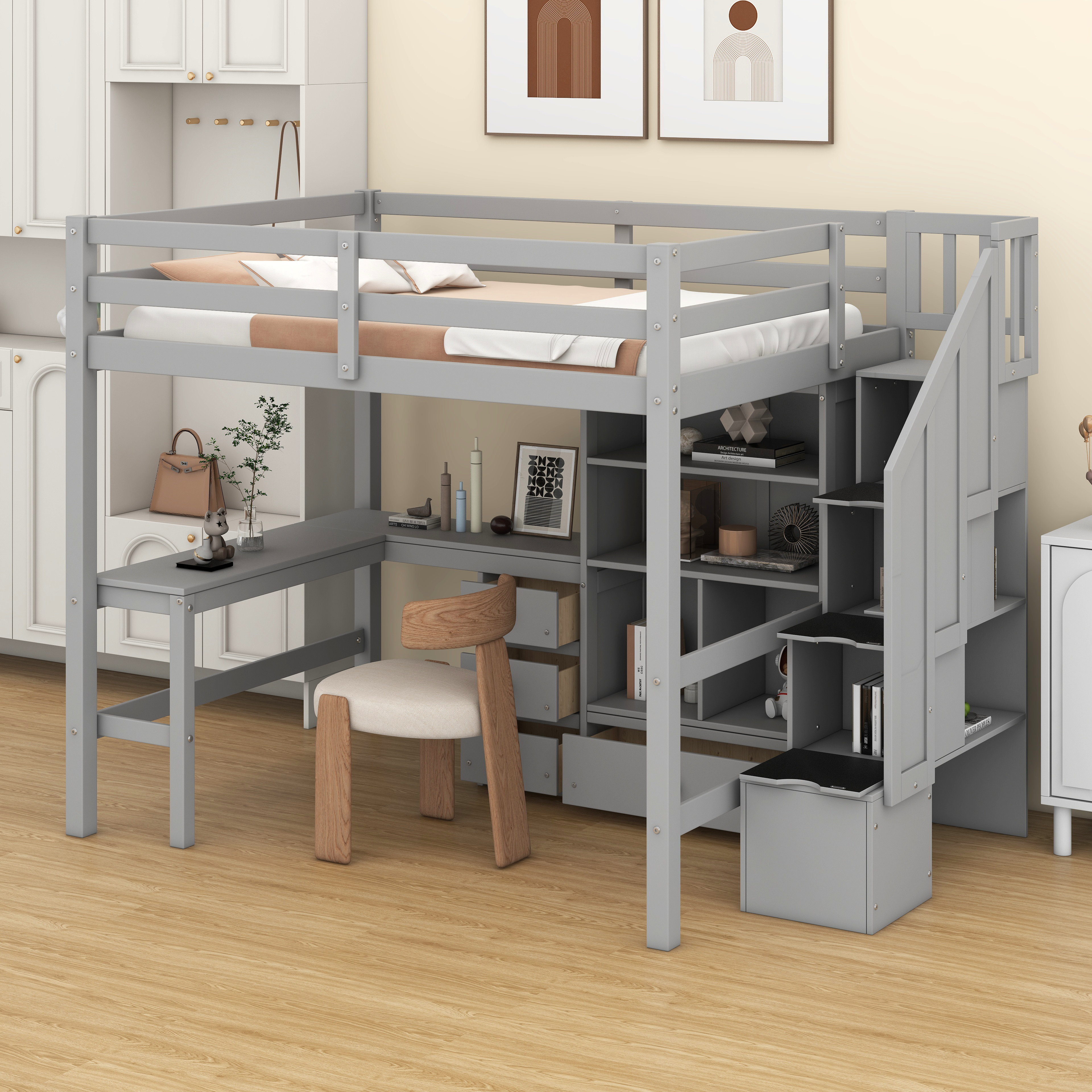 Latitude Run® Full Size Loft Bed With L-Shaped Desk & Stairs, Wood Loft ...