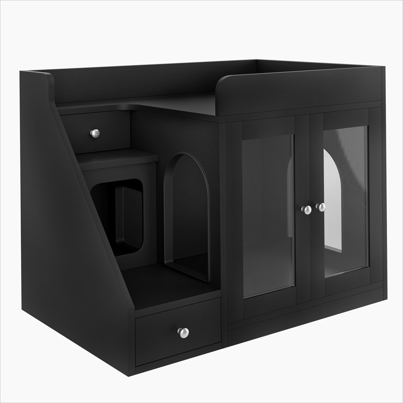 Enceinte de litière pour chat avec lumière, meuble de litière caché avec 2 tiroirs de rangement, table d'appoint intérieure pour chat, noir