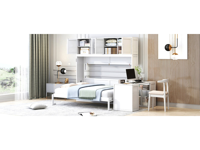 Queen Size Wall Murphy Bed With Desk And Storage Shelves And Big Cabinets