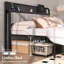 Base de lit grand de style campagnard avec tête de lit bibliothèque, lit plateforme tapissier en lin gris grand avec station de charge, sommier à lattes en acier robuste, aucun sommier tapissier requis-979934208-987698839
