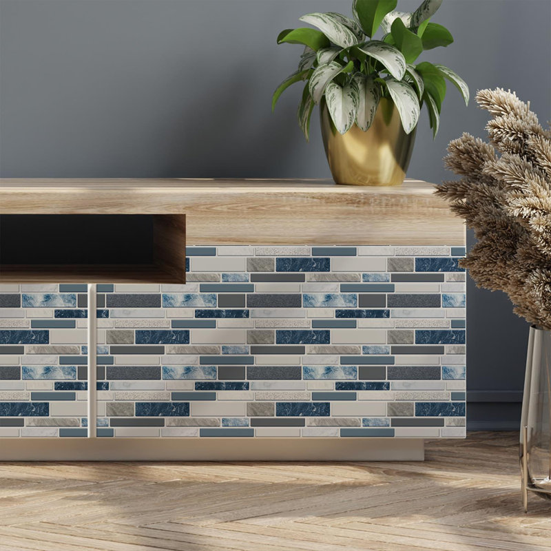 35.56cm W x 72.39cm L Aluminum Peel and Stick Mosaic Tile, Blue/Grey
