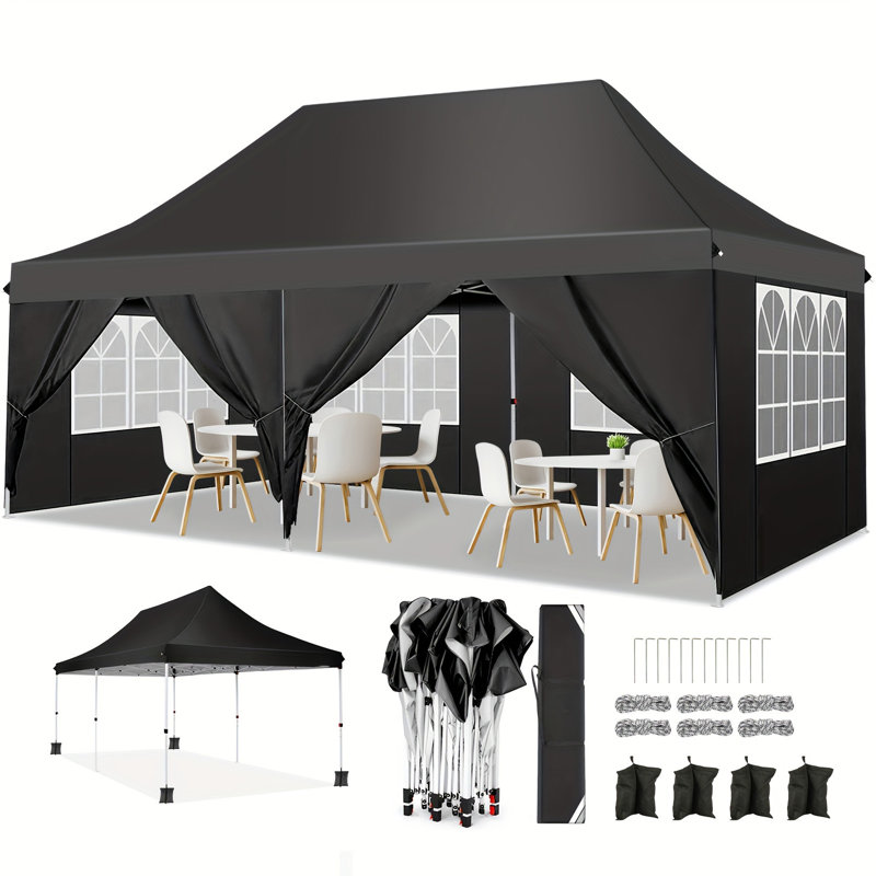 Auvent escamotable 10 pi x 20 pi avec 6 parois latérales amovibles, auvent extérieur instantané , Noir