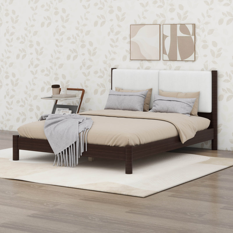 Lit plateforme avec tête de lit tapissier en similicuir, base de lit en bois minimaliste moderne avec support à lattes