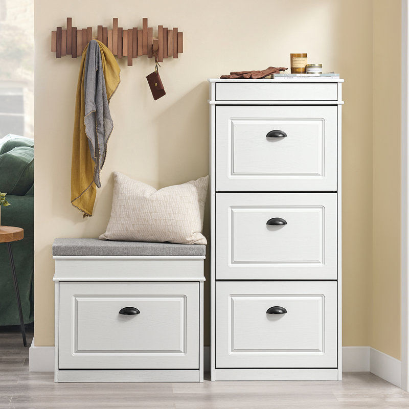 Moriah 12 Pair Shoe Storage Cabinet, White Vintage Wood Grain Effect/Black