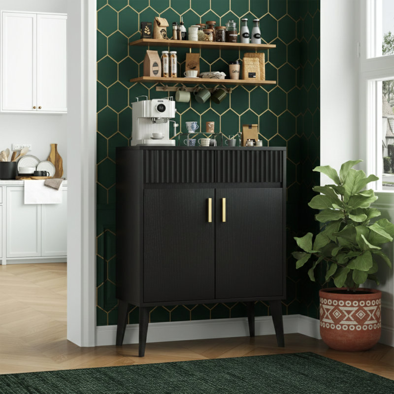 27.6" Wide Fluted Sideboard Cabinet With 2 Drawers And Adjustable Shelves - Black, Black