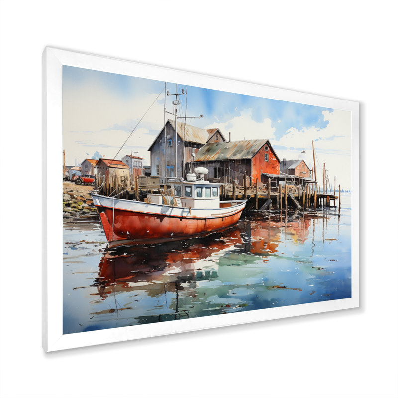 Port Portside Reflection Pointillism I sur impression sur toile, H 16 po x l 32 po x P 1 po, Cadre photo blanc
