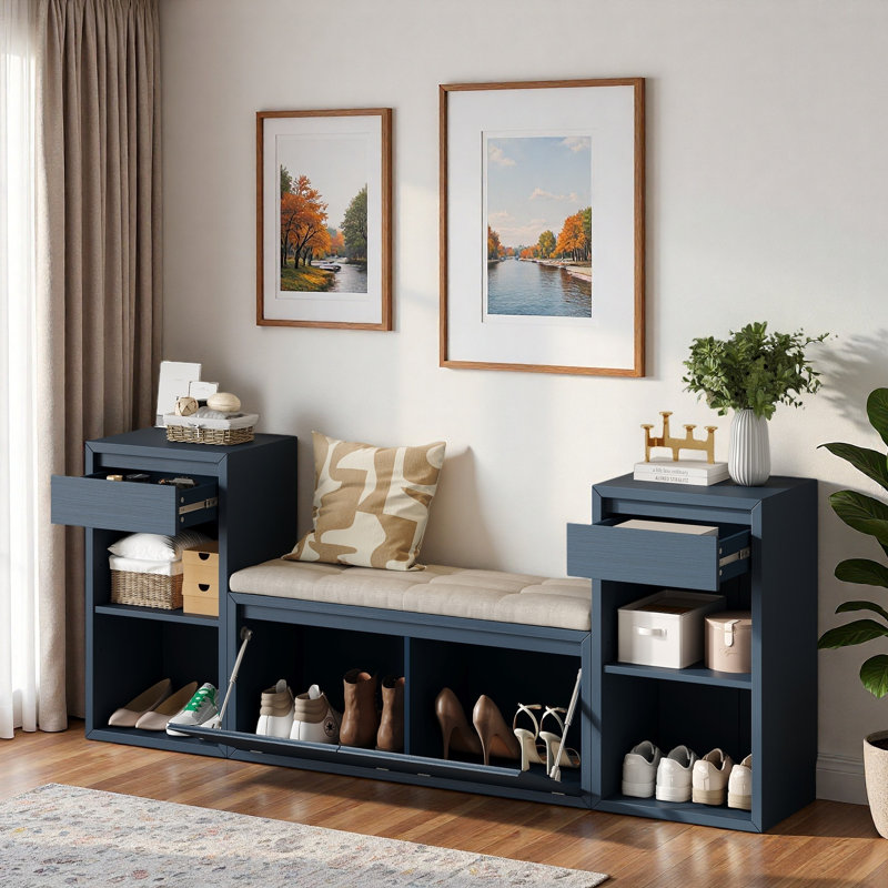 Banc de rangement avec coussin, compartiments, tiroirs et tablettes ouvertes, Marine