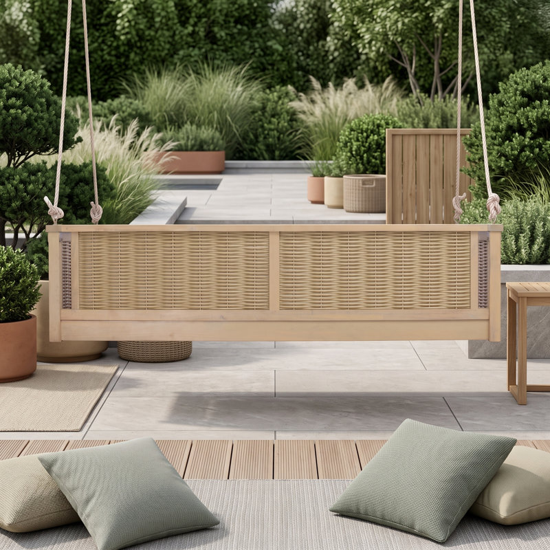 Lit balançoire simple en bois d'acacia massif pour la cour arrière, salon suspendu en rotin avec cordes, Light Teak