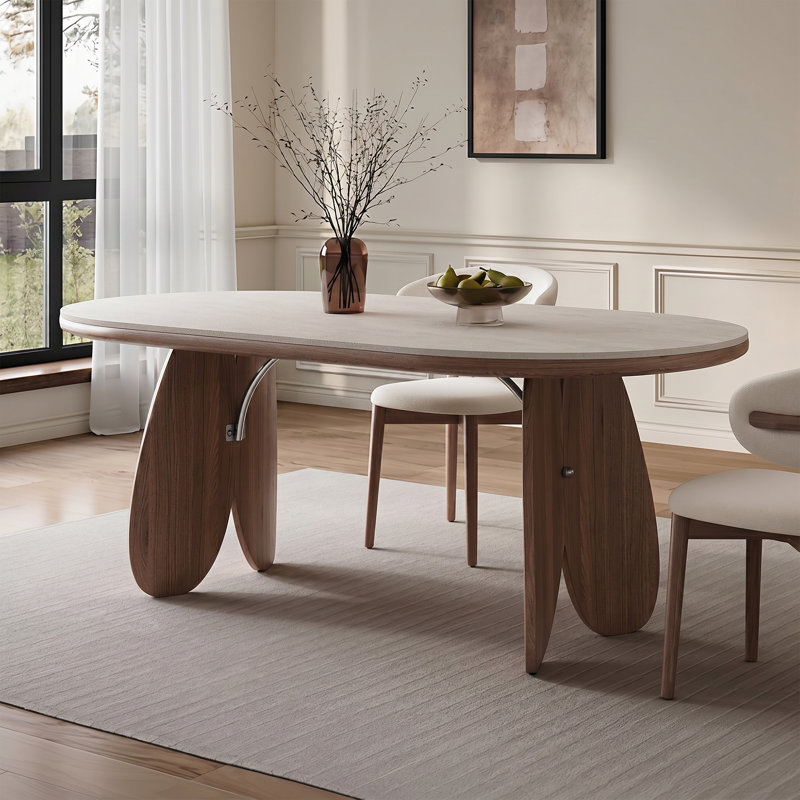 Table de salle à manger moderne 55,1 po ovale, plateau en faux travertin avec base sculpturale en bois, table de salle à manger et de bureau Mid-Century