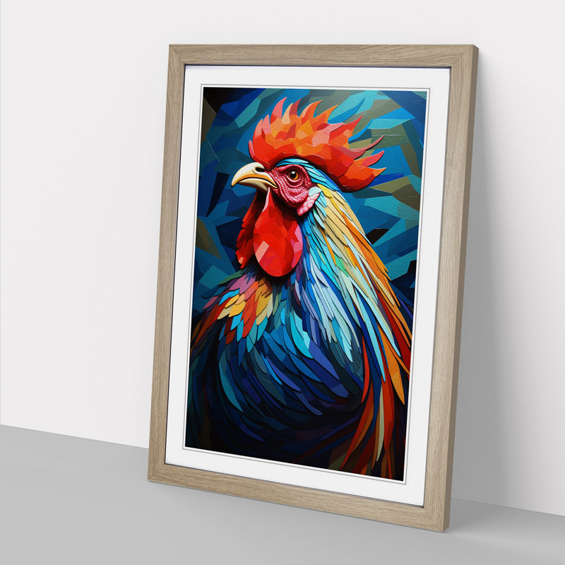 Rooster Geometric - Single Picture Frame Print on Wood, Oak , 34cm H x 25cm W x 2cm D