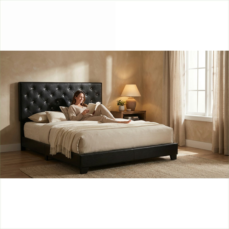 Lit plateforme capitonné, structure de lit double, revêtement en similicuir noir mat, aucun sommier tapissier requis, Full