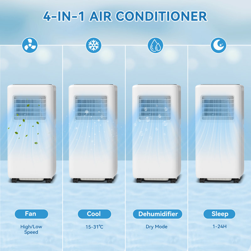 9000BTU 4-in-1 Portable Mobile Air Conditioner Units with APP and Remote Control, Cooler Fan and Dehumidifier, 24H Timer, 270m³/h