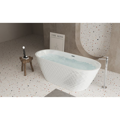 67'' Acrylic Freestanding Bathtub with Diamond Pattern, Chrome Overflow, Pop-Up Drain, 66.9 in Length