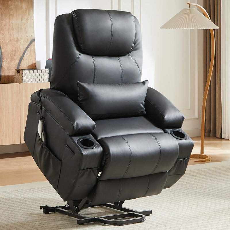 34.6'' Wide Electric Power Lift Asist Recliner Chair with Massage and Heat, Fax Leather Reclining Chair with Side Pockets & Cup Holders