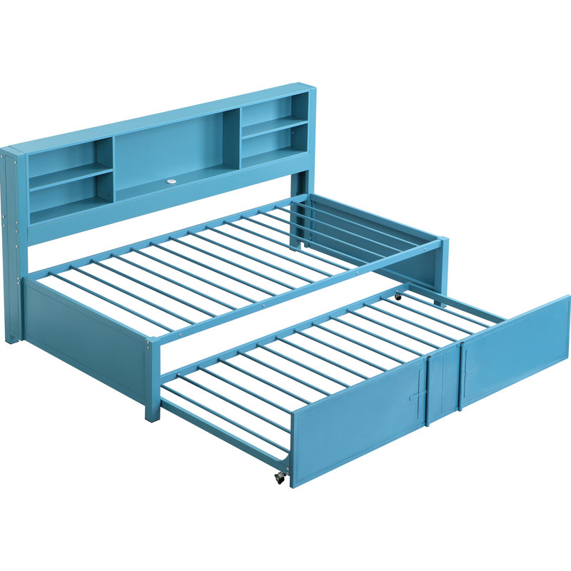 Lit de jour simple en métal avec rangement, ports, couchette - Bleu magnifique dans la couchette, rangement au design exquis