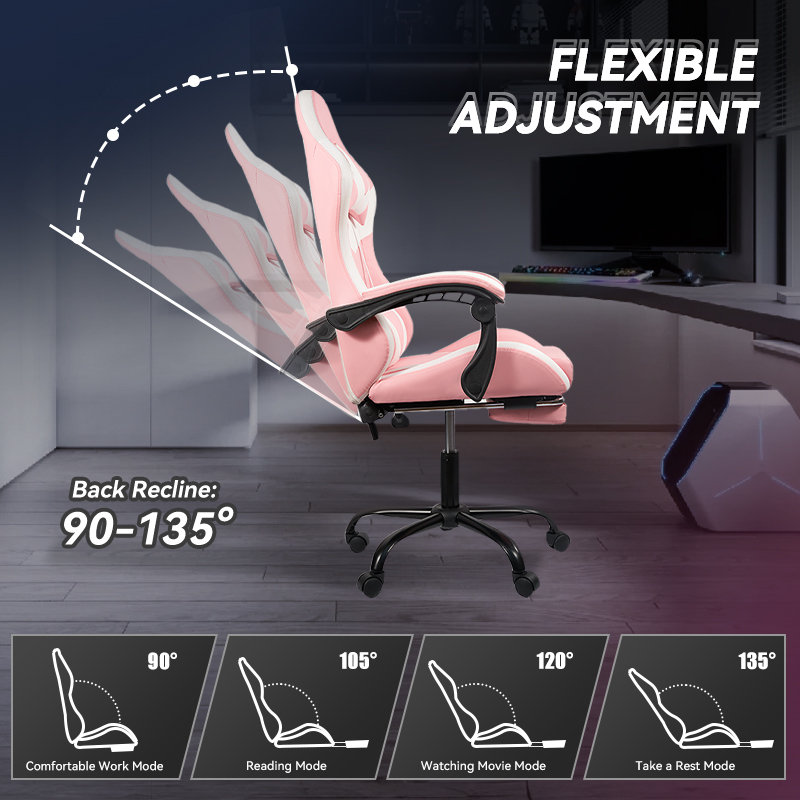 Fauteuil de jeu avec contrôle de la lumière DEL, dossier réglable et inclinable pivotant à hauteur de siège, fauteuil de jeu vidéo ergonomique de bureau de course avec repose-pieds et soutien lombaire.