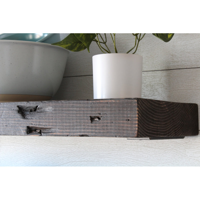 Reclaimed Barn Joist Deep Floating Shelves with Low Profile Brackets, Rustic Brown, 2.5" H x 48" W x 11" D