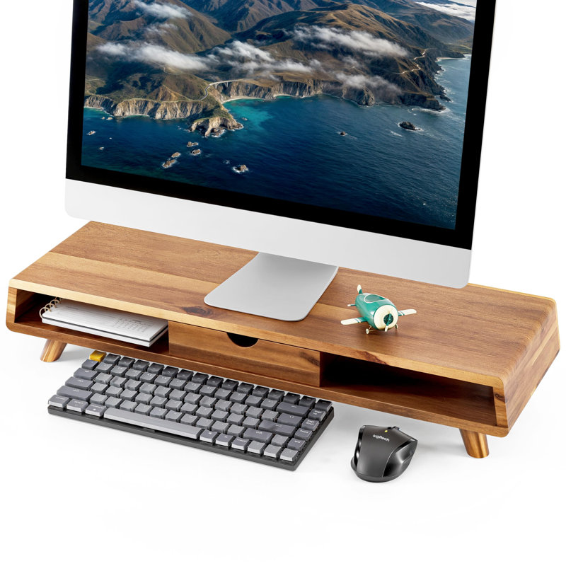 Support pour écran en bois d'acacia avec tiroir - Support pour écran d'ordinateur en bois - Support pour écran d'ordinateur
