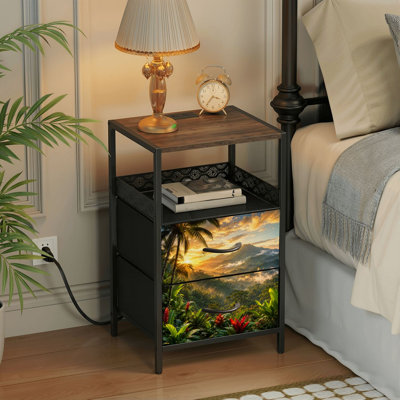 Nightstand with Charging Station, 2 Drawer Bedside Table with USB Ports and Outlets, Open Shelf, Black Night Stand for Bedroom Living Room Tropical Rainforest Mountain Valley Sunset Palm Jungle Landscape Print