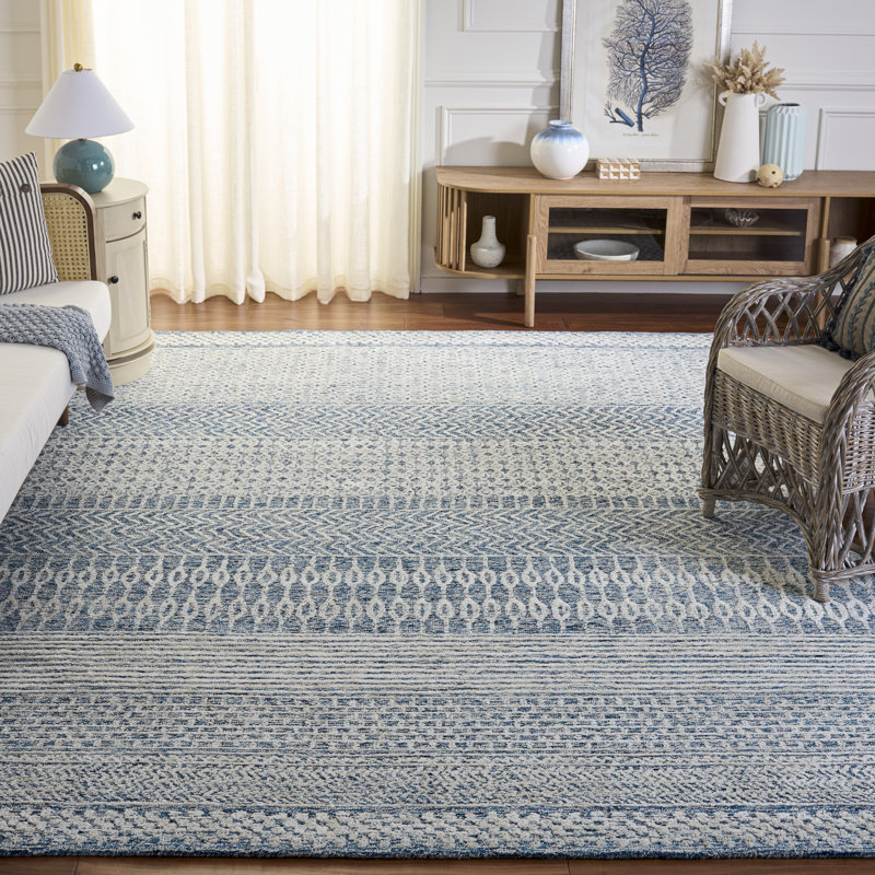 Tapis oriental ivoire / bleu marine en laine touffeté à la main Ambr, Rectangle 8 pi x 10 pi