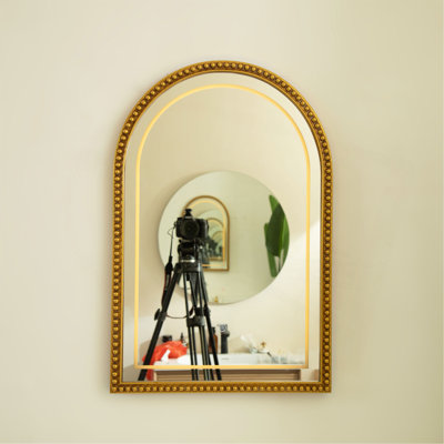 20'' Avri Mirror, Golden Beaded Arch-Shaped PU Decorative Mirror In Retro Style