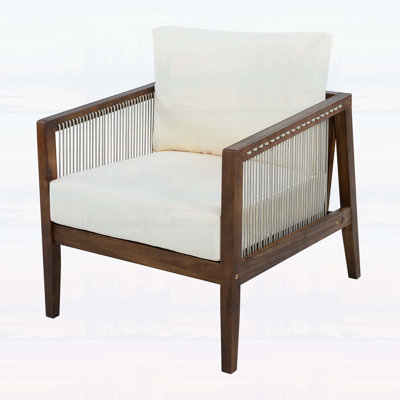 Outdoor Club Chairs (Set of 2) with Acacia Wood Frame, Rope Back, and Water-Repellent Beige Cushions for Patio/Backyard/Deck, Dark Brown