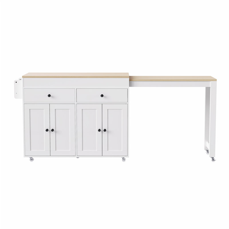 74.5 inch Kitchen Island with Extendable Dining Table , Rolling Kitchen Island on Wheels with Spice Rack and 2 Drawers, 4 Door Cabinet, for Kitchen, Dining Room, White (One Package)