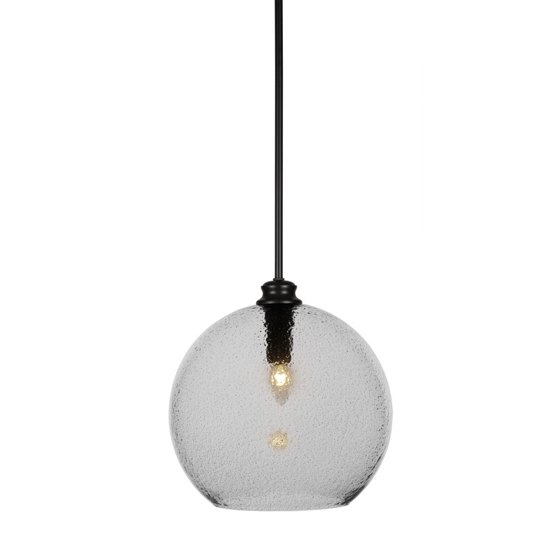 Luminaire suspendu à tige suspendue avec verre fumé, Noir mat, H 13,75 po x l 13,75 po x P 13,75 po