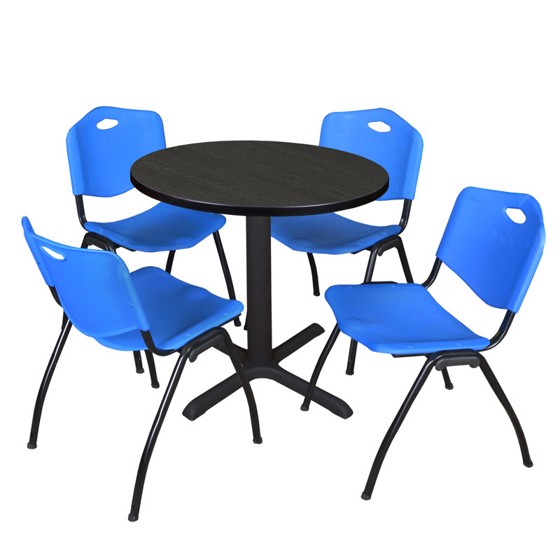 Regency Cain Round Breakroom Table & 4 M Stack Chairs, Ash Gray/Blue, 29" H x 42" L x 42" D