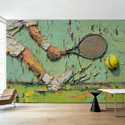 Papier peint pelez et collez, art de tennis dynamique, mur de cour usé à retour puissant, H 100 po x l 144 po, papier mural amovible en PVC, adhésif pour décoration de chambre à coucher, bureau à domicile