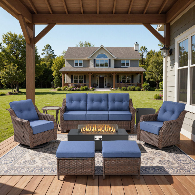Acton 5-7 Person Outdoor Wicker Patio Family Conversation Set With Swivel Chairs And Metal Fire Pit, Blue