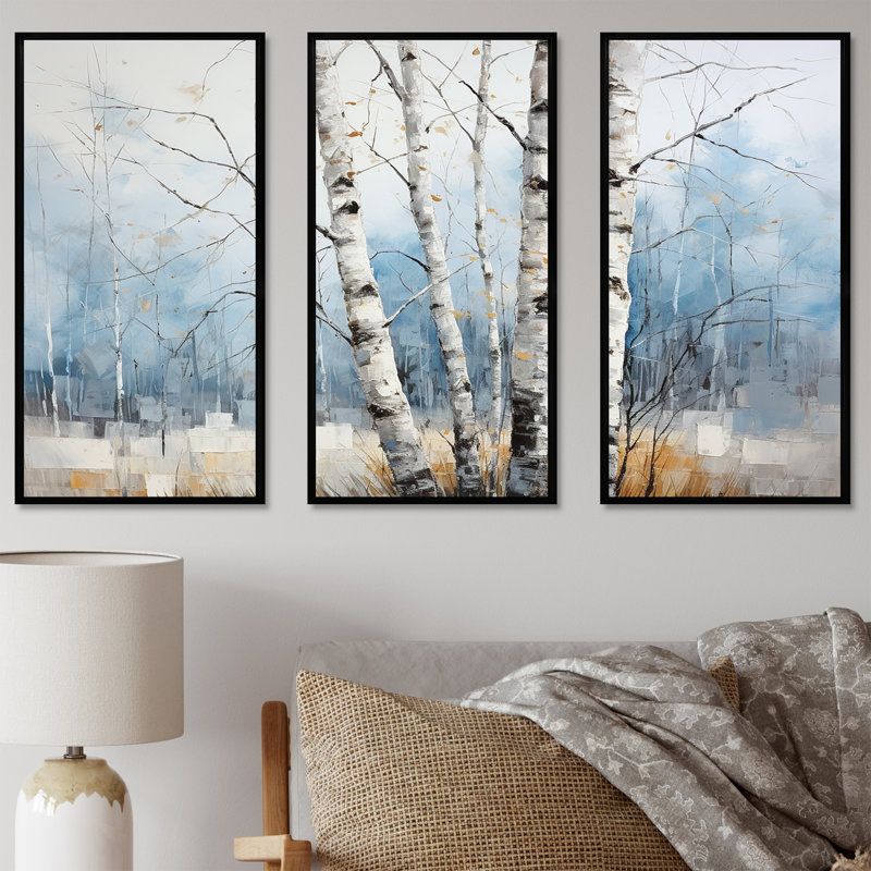 Ensemble de décorations murales White Birch Trees Forest Winter Scenery III - Tree Birch, Cadre flottant noir