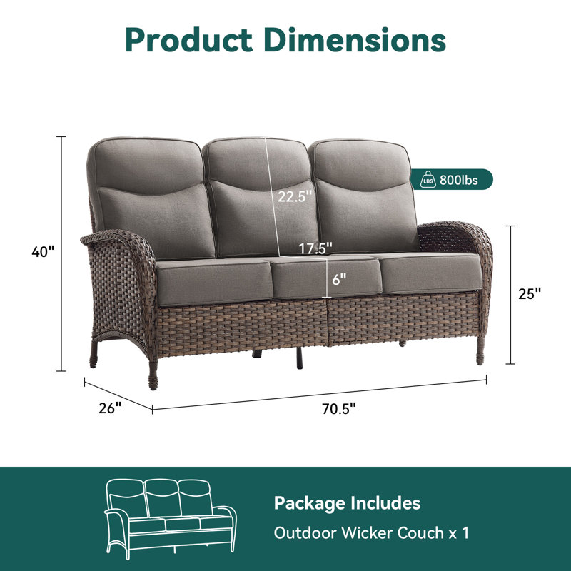 Canapé de patio extérieur droit en osier de largeur de l 7,5 po himonia avec coussins de 6 po d'épaisseur, Gris, Brown