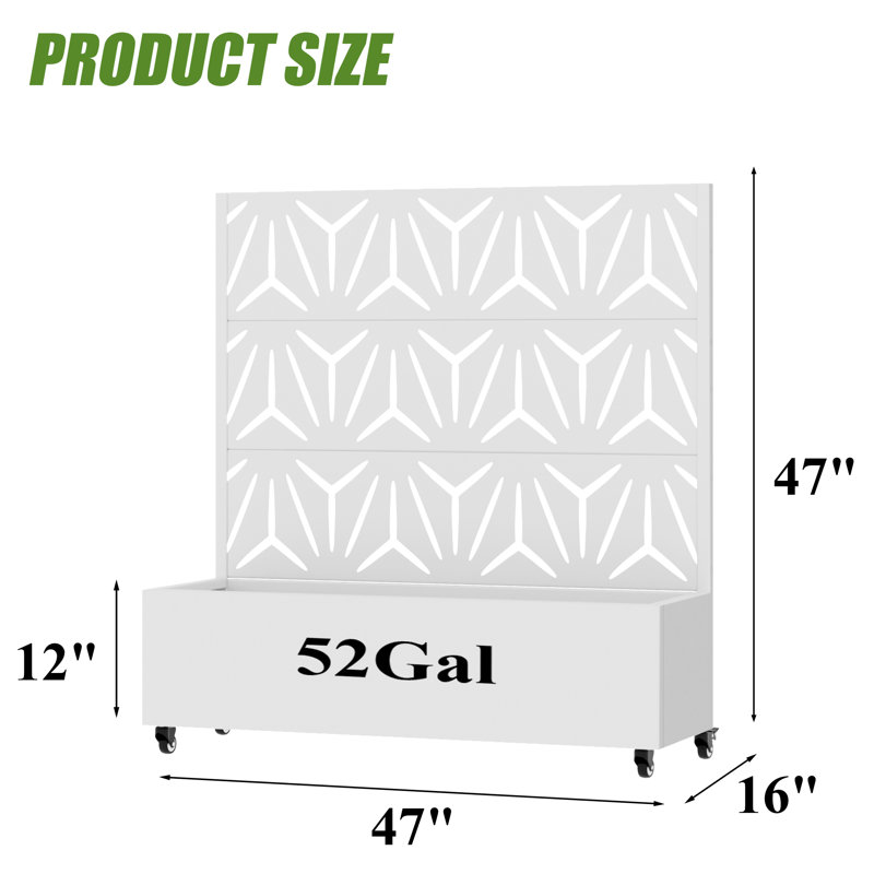 Metal Planter Box with Trellis with Wheels, 47" H x 47" W x 16" D, White