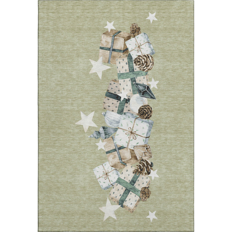 Premium Machine Washable Castillon AMF1825 Stars and Presents Holiday Rug, Rectangle 9' x 12'