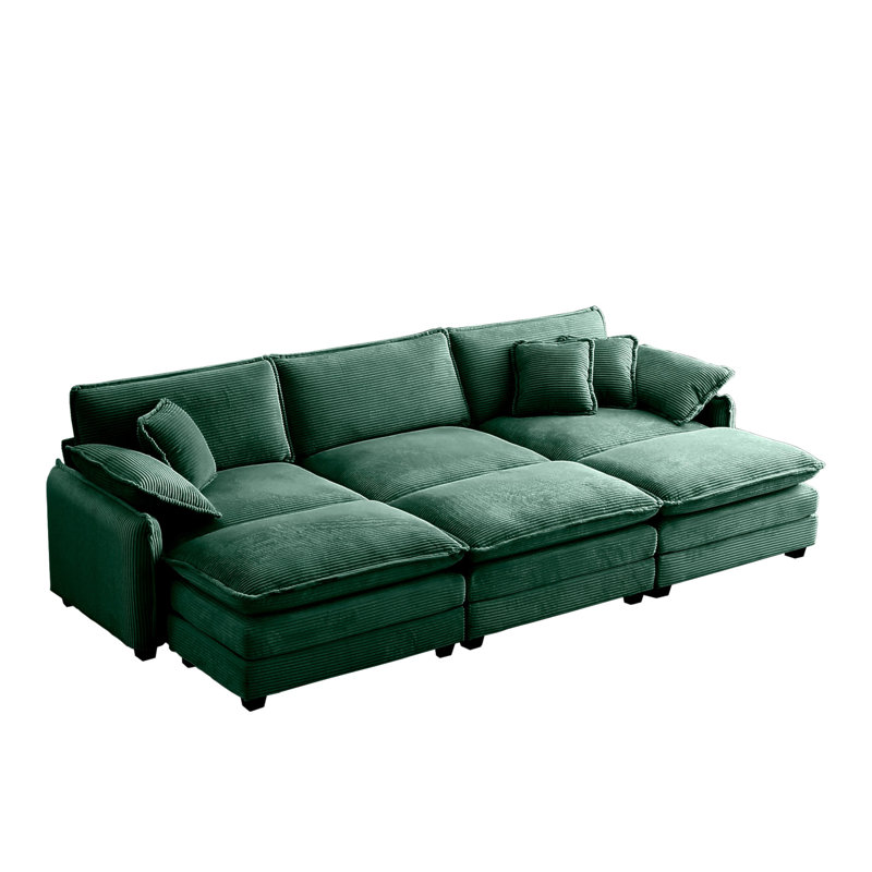 Versatile Oversized Cushioned Sofa With Multiple Ottomans For Various Uses, Green