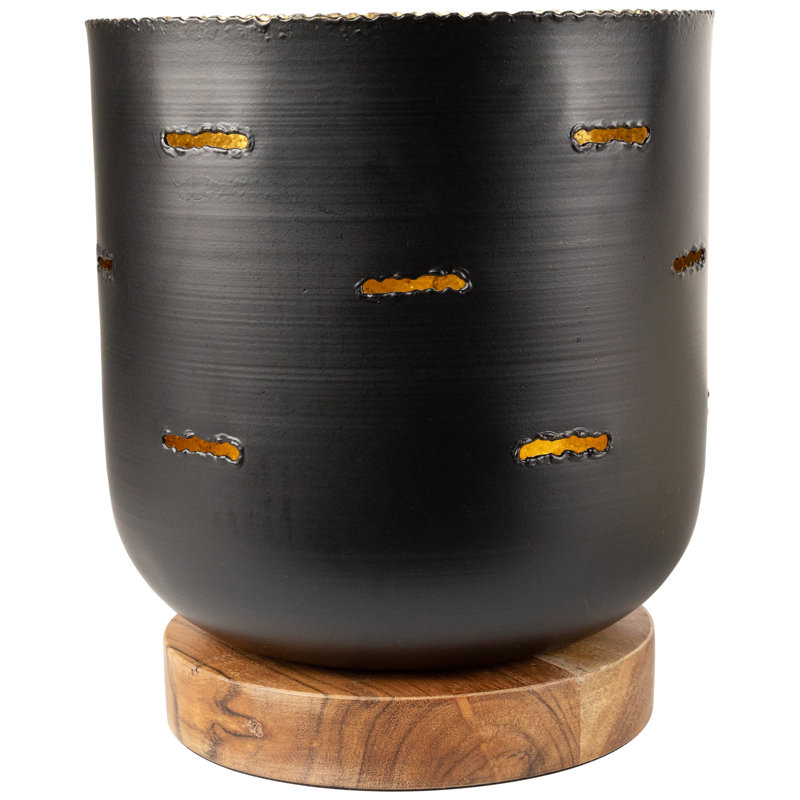 Iron And Foil Pillar Candle Holder With Wooden Base - 8.25" - Antiqued Black And Gold