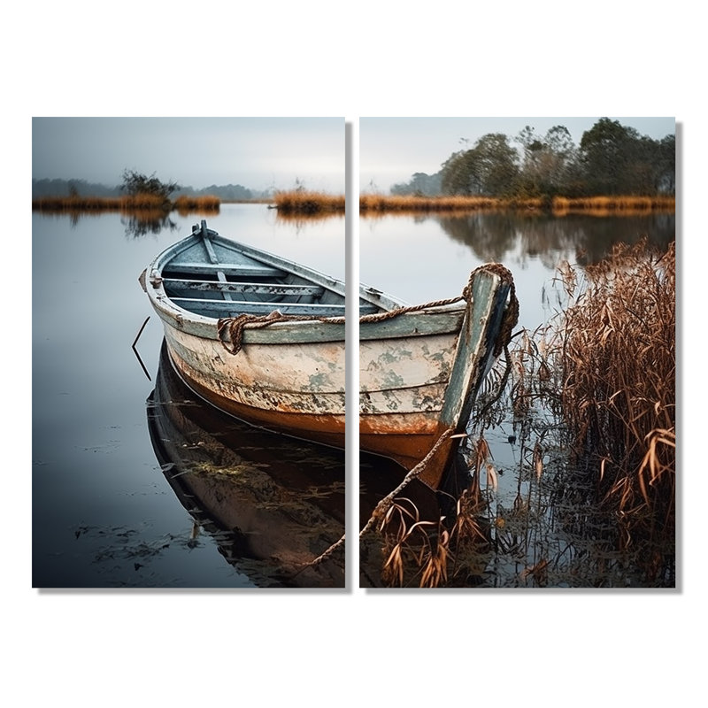 «Coastal Boat Charm In Autumn» - art mural nautique gris, H 36 po x l 48 po, Toile tendue, Ne s’applique pas