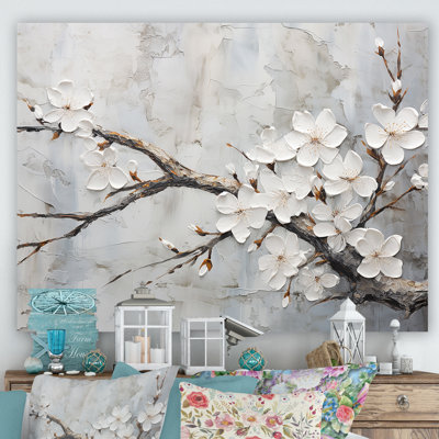 Minimalisme blanc et gris cerisier en fleurs - art mural cerisier en fleurs pour le salon