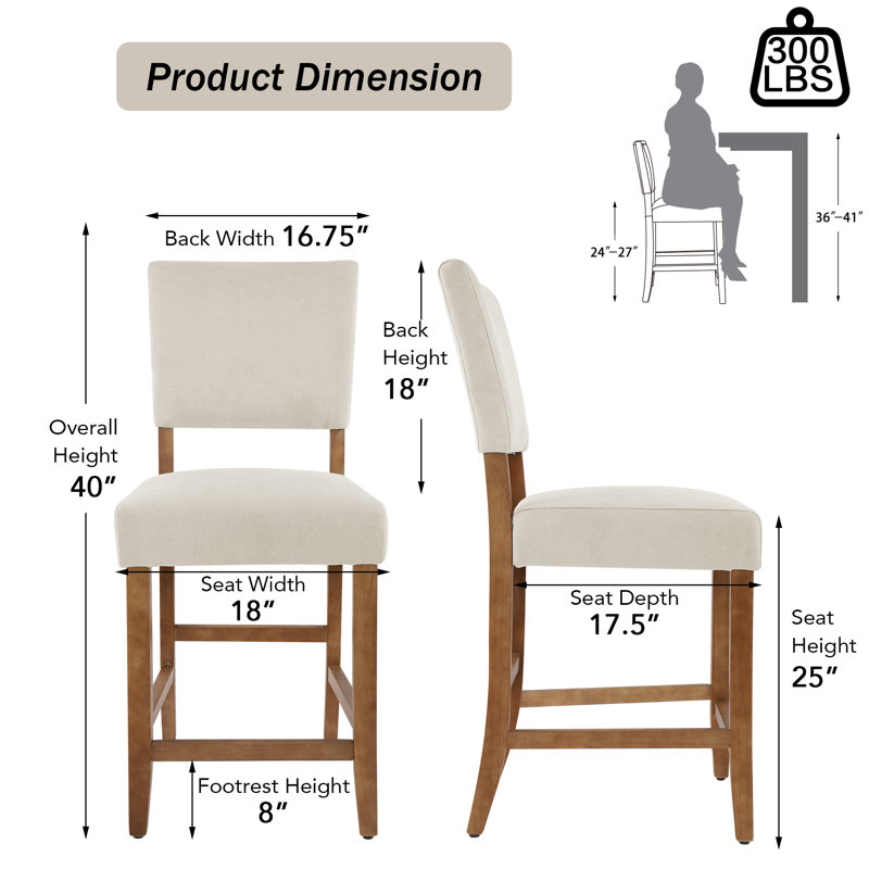 Ashfield 25"H Mid-century Modern Fabric Upholstered Counter Stool with low back, Beige