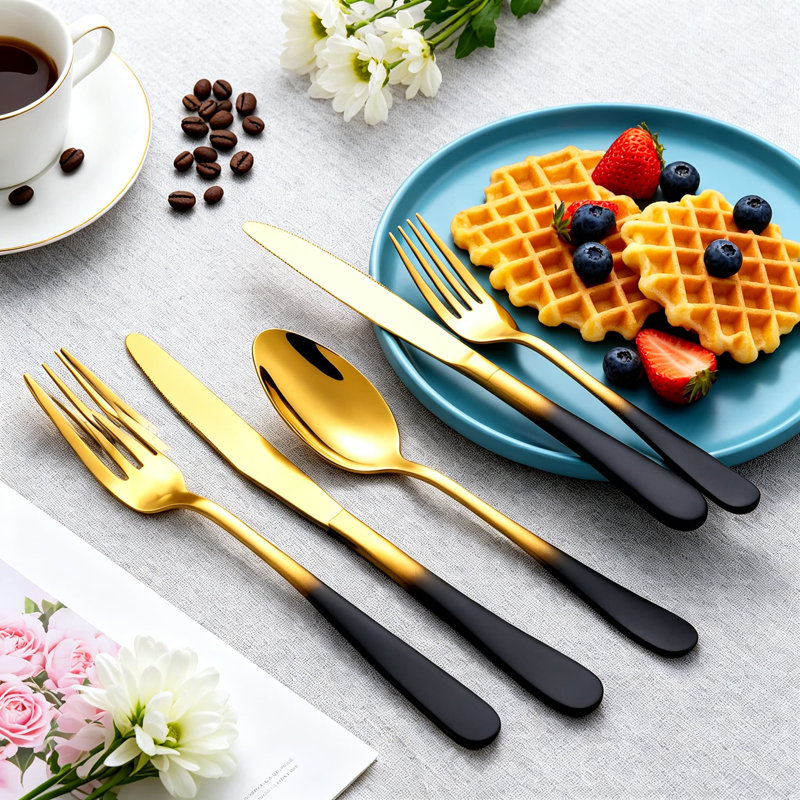 Ensemble de couverts 20 pièces en acier inoxydable or noir 18/0 pour 4 personnes, comprenant couteaux de table, fourchettes, cuillères, fourchettes à salade, cuillères à café et couverts allant au lave-vaisselle