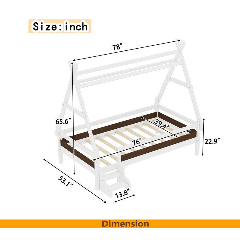 Lit plateforme House avec escalier, structure de lit simple en bois massif, profil bas et design amusant pour enfants, Blanc