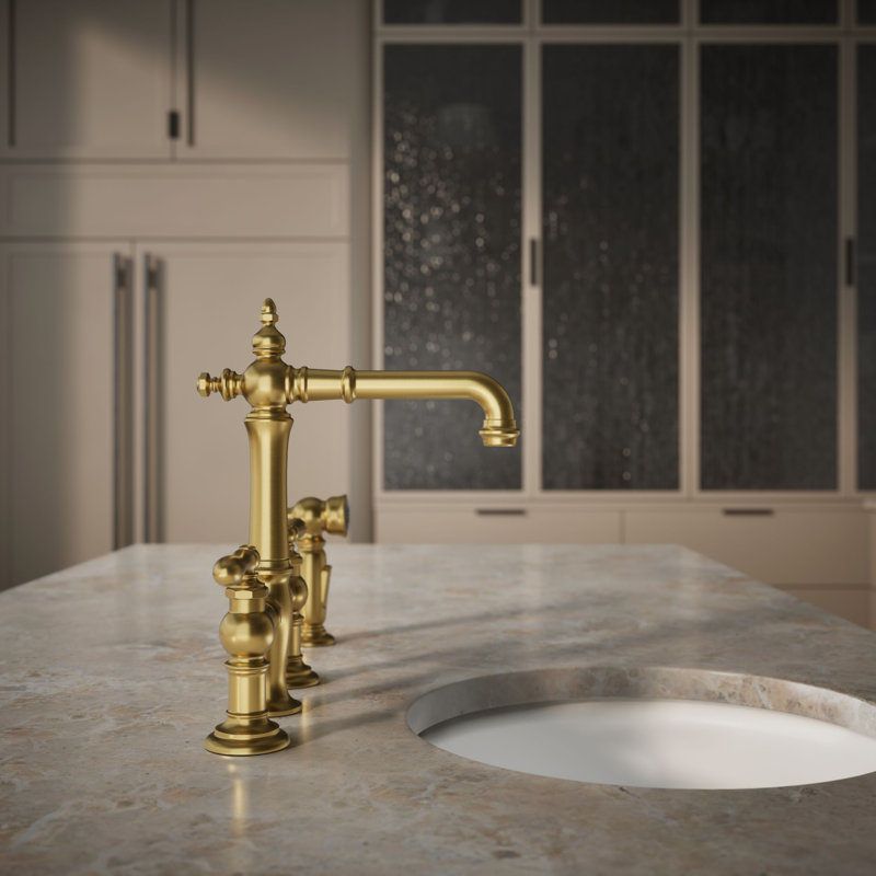 Artifacts® Bridge Faucet with Side Spray, Vibrant Brushed Moderne Brass, Lever Handle