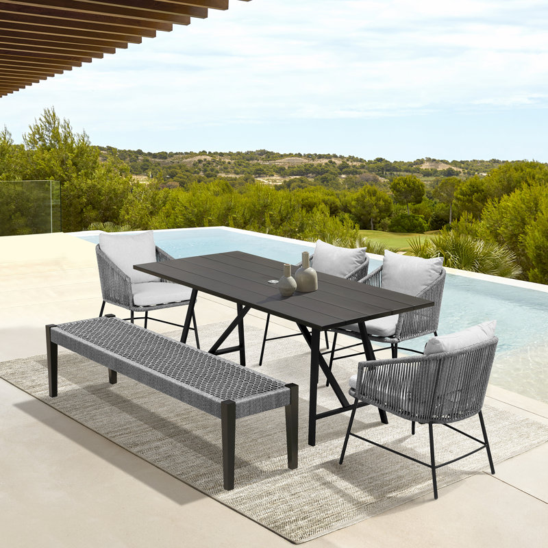 Ketlin Rectangular Outdoor Dining Set in Dark Eucalyptus Wood and Gray Rope and Cushions, 1 Table, 4 Chairs, 1 Bench