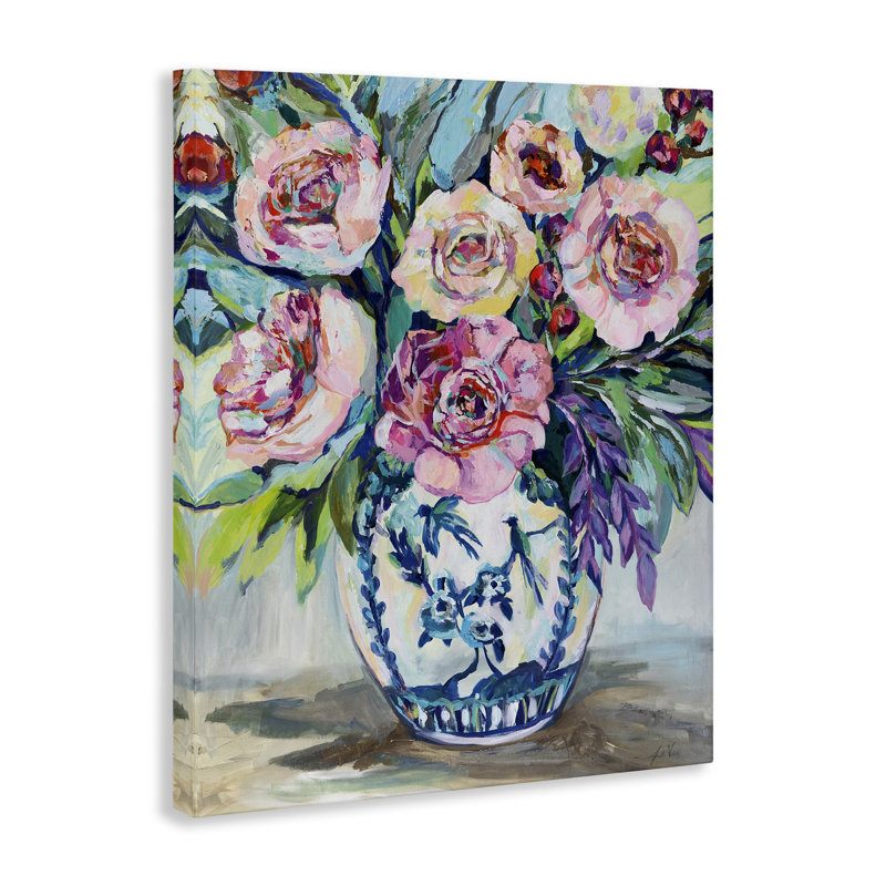 Art mural détaillé sur vase avec roses, design par Jeanette Vertentes, H 48 po x l 36 po