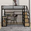 Lit mezzanine double en métal avec escalier, bureau et tablettes